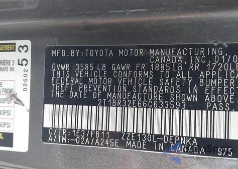 2006 Toyota Corolla Le from USA, damaged, VIN 2T1BR32E66C633593